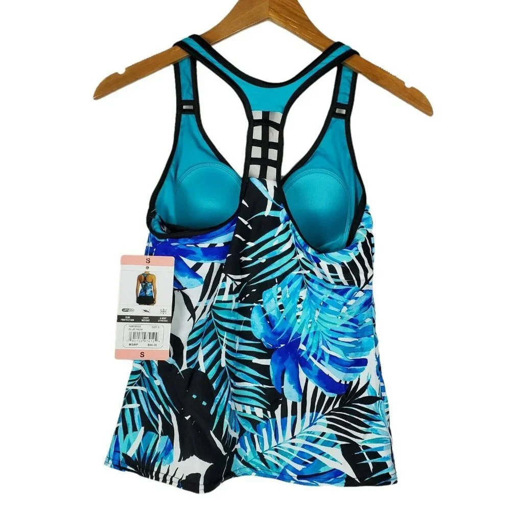 ZeroXposur Racerback Action Tankini Swimsuit Top Blue Palm UPF 50+ Sz Small NEW